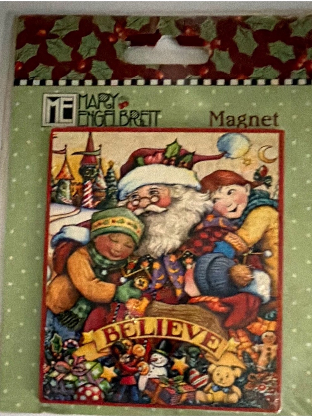 Mary Engelbreit Holiday Magnet - Santa with Children, Red Green Gold